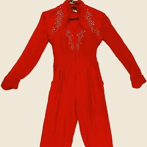 Vintage Royal Ransom Red Jumpsuit Gold Studs. Zipper Front HOLIDAY Valentines